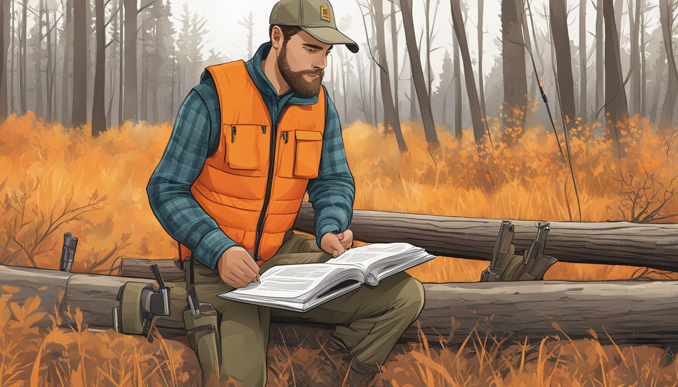 A hunter in a bright orange vest stands in a wooded area, carefully checking his firearm while reading a booklet on Nebraska hunting regulations