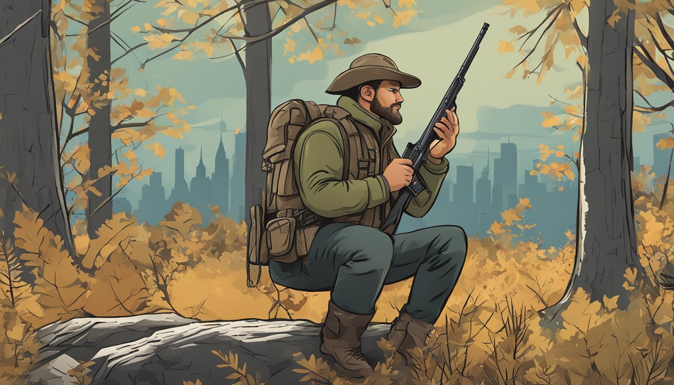 A hunter holding a firearm while reading a booklet on New York hunting regulations