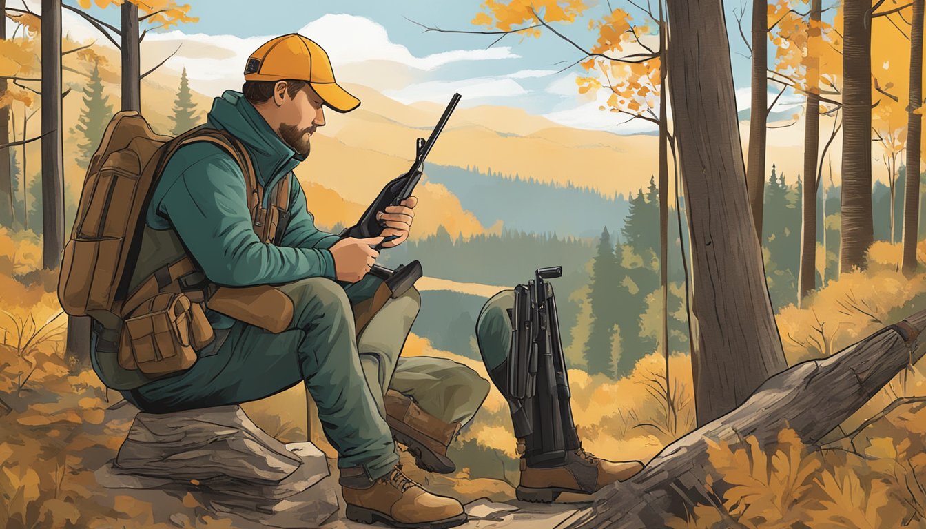 A hunter in Nebraska checks firearm regulations before heading into the woods. The state's legal and ethical considerations are displayed alongside hunting gear