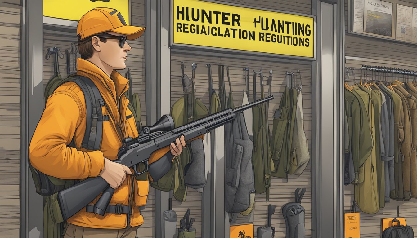 A hunter in Hunter Apparel stands near a sign displaying New York hunting firearm regulations, with high-visibility gear on display