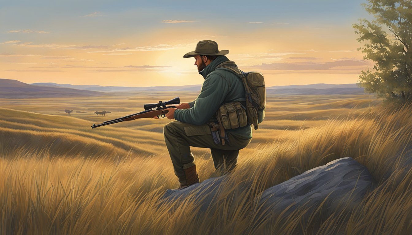 A hunter in North Dakota carefully checks their firearm before heading out into the open prairie, surrounded by rolling hills and tall grasses