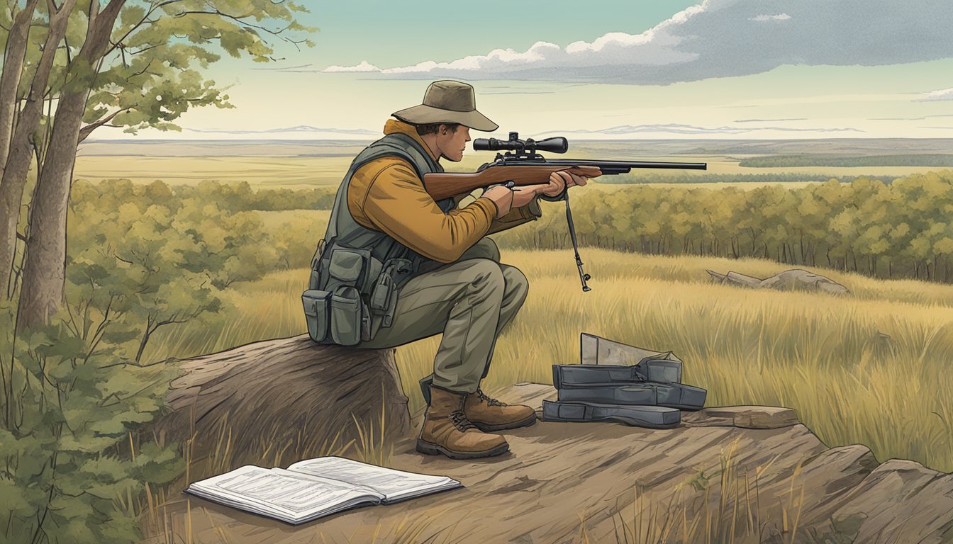 A hunter in North Dakota checks a firearm against state hunting regulations. The hunter stands in a wooded area, examining the gun with a rulebook open nearby