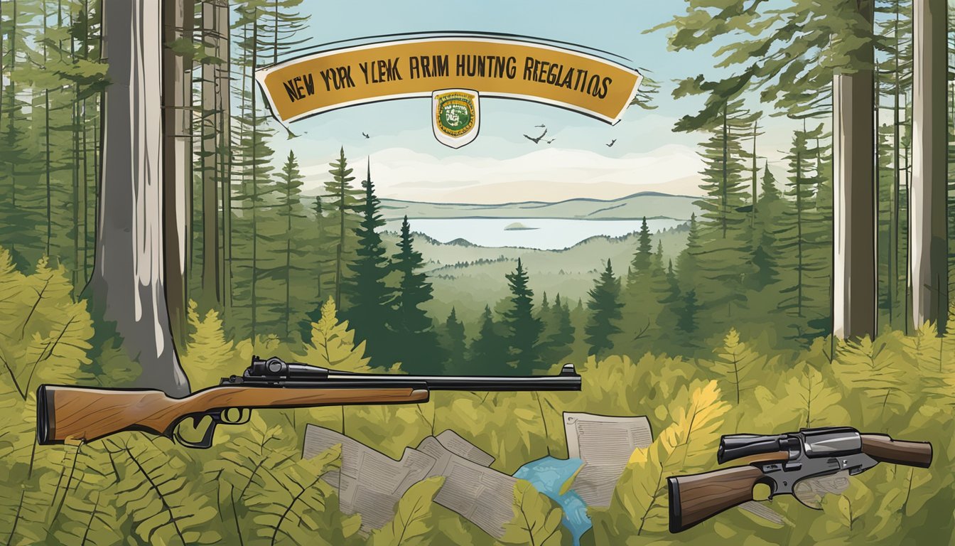 A forest clearing with a sign displaying "New York Hunting Firearm Regulations" and a map of hunting locations