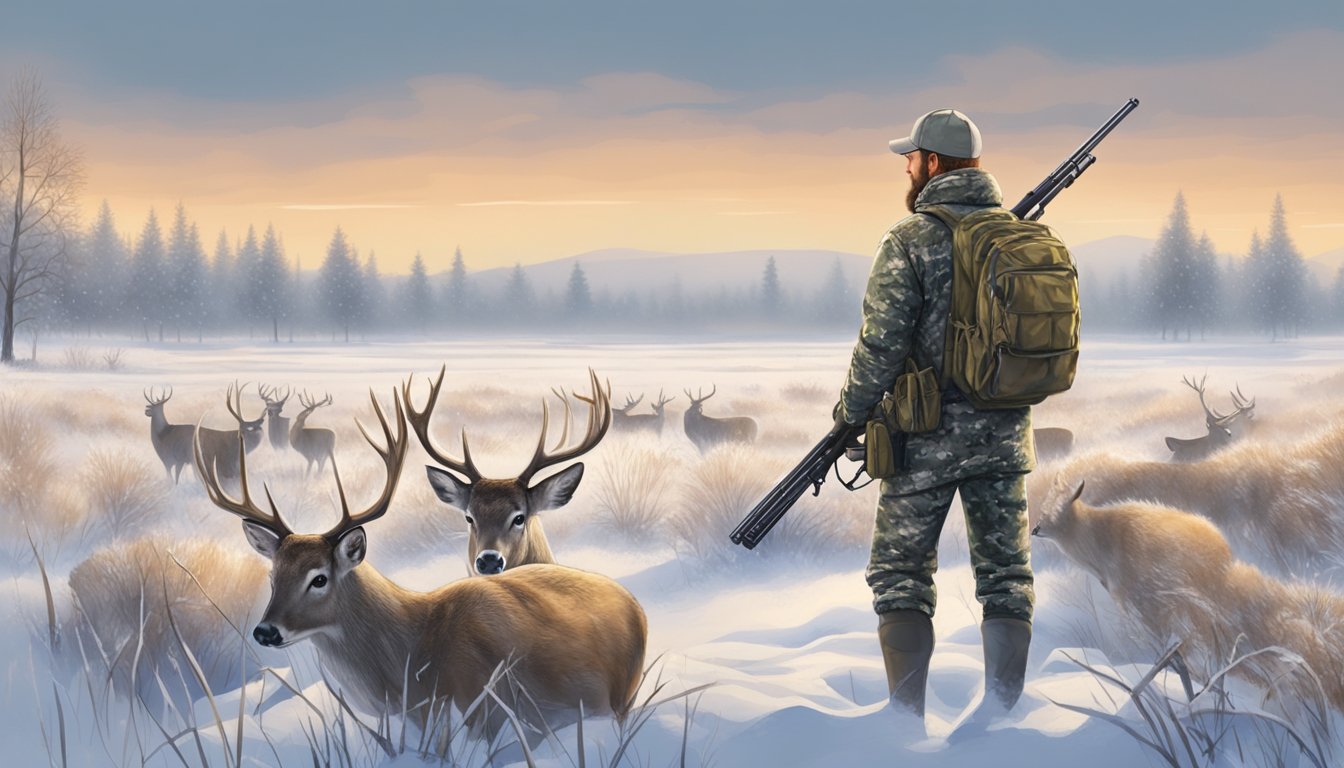 A hunter in camouflage stands in a snow-covered field, aiming a rifle at a group of deer grazing in the distance