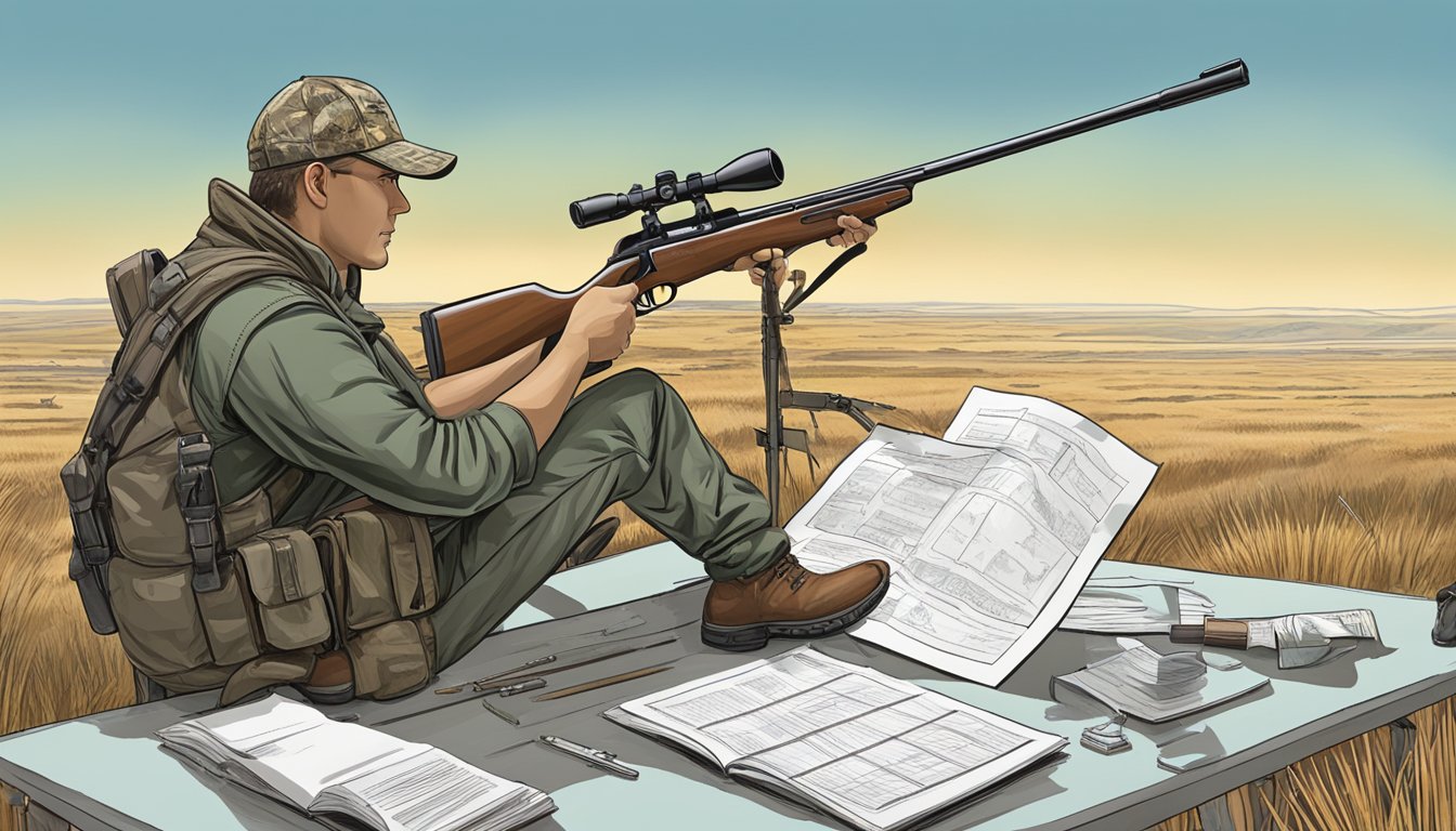 A hunter in North Dakota carefully checks the regulations for hunting with firearms, surrounded by open plains and a clear blue sky