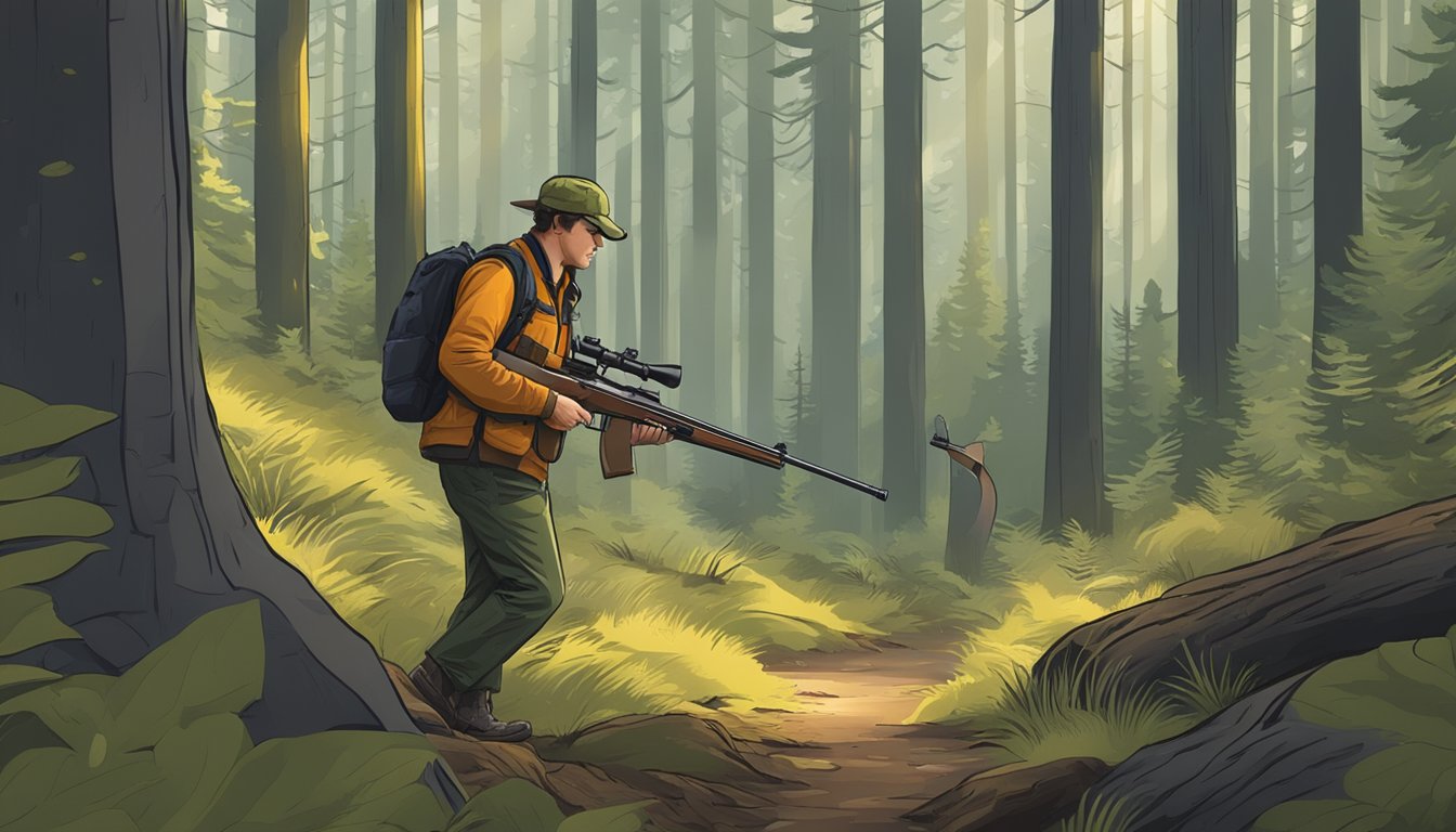 A hunter in Oregon carefully follows firearm regulations while tracking game in a dense forest