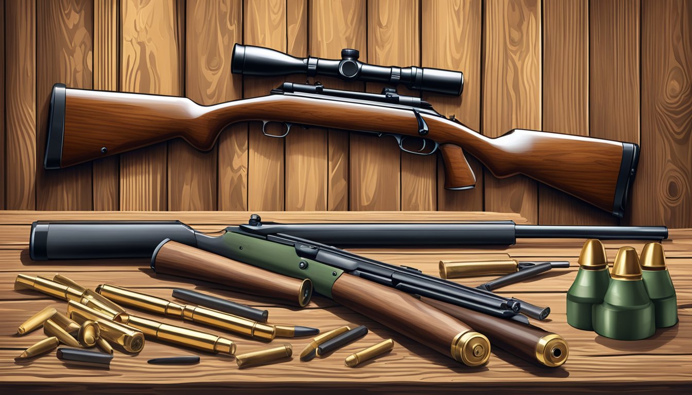 A hunting rifle and ammunition laid out on a wooden table in a rustic cabin