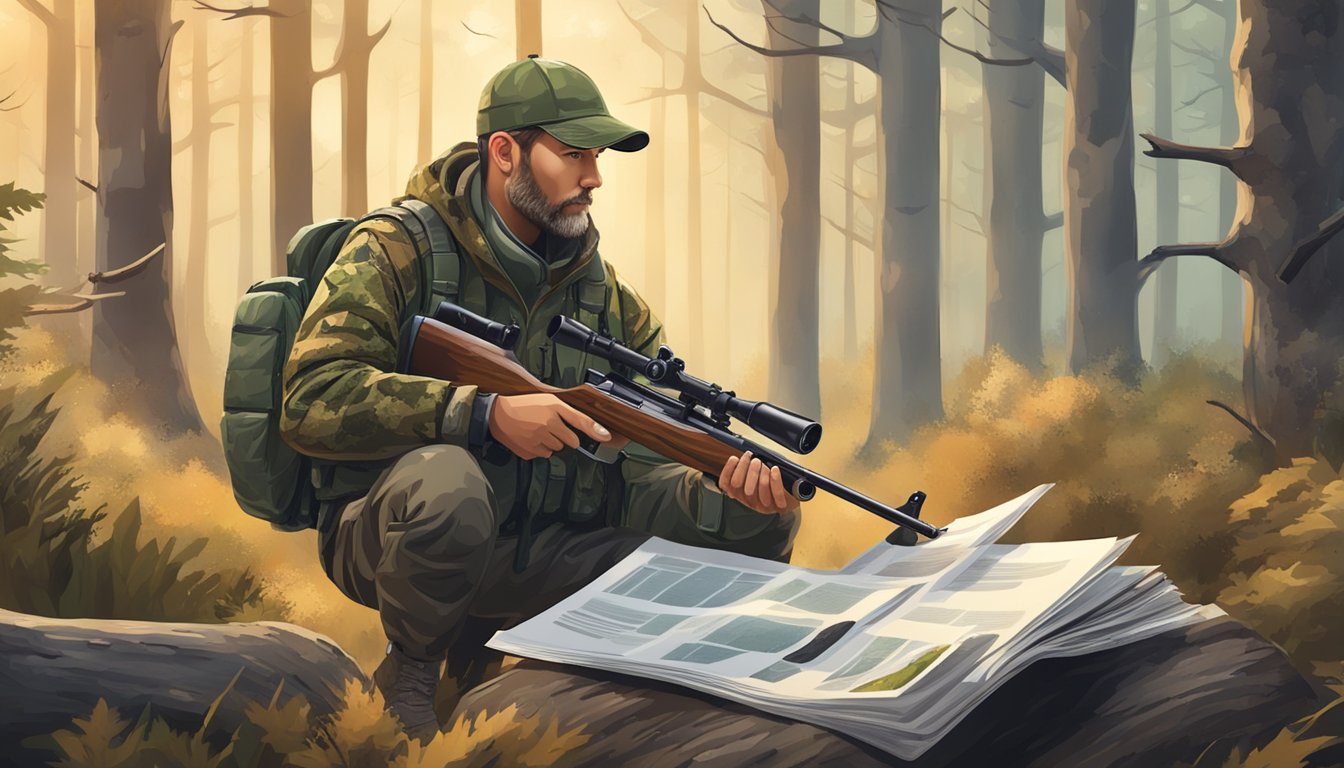 A hunter in camouflage holding a rifle, checking a printed hunting regulations and seasons booklet in a forest clearing