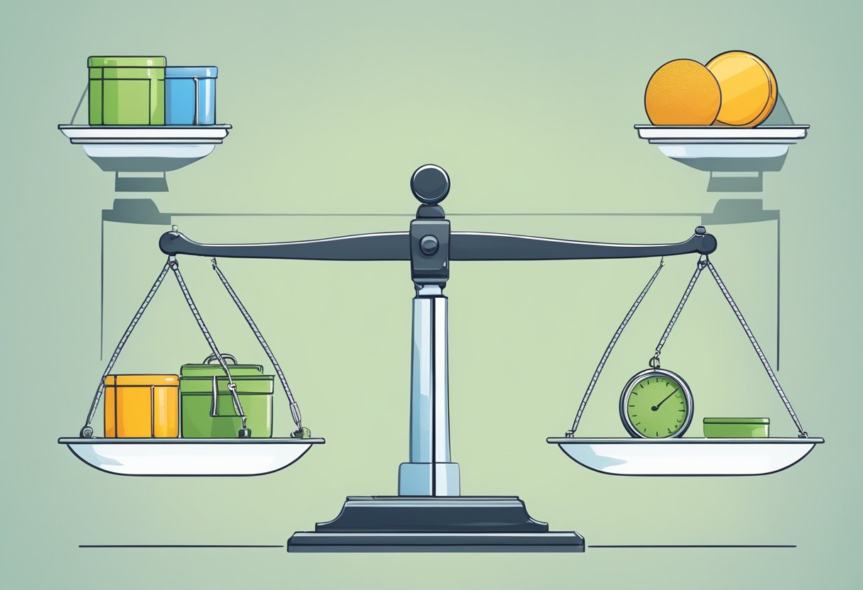 A scale with Hostaway on one side and Guesty on the other, each with their respective pros and cons represented by visual symbols