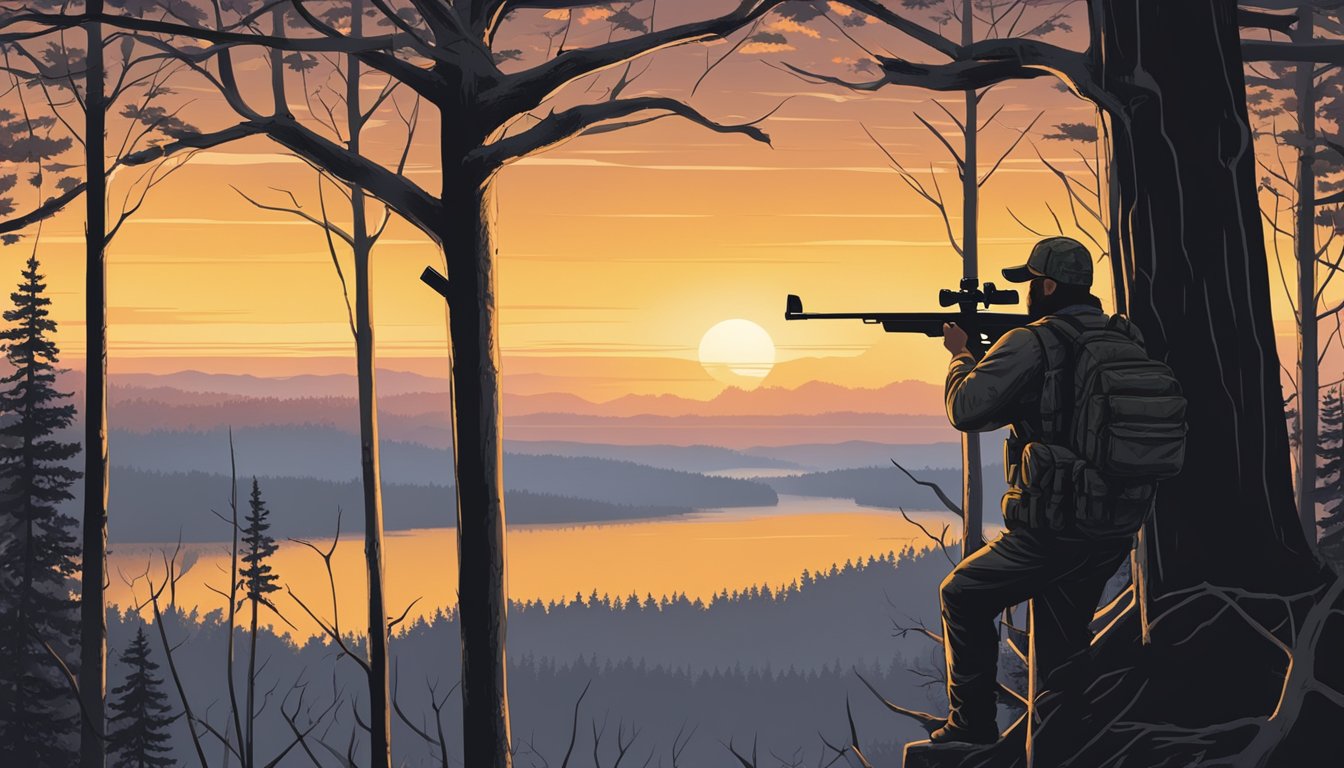 A hunter in a tree stand overlooking a forest clearing at dawn, with a rifle and a sign indicating Ohio hunting hours and restrictions