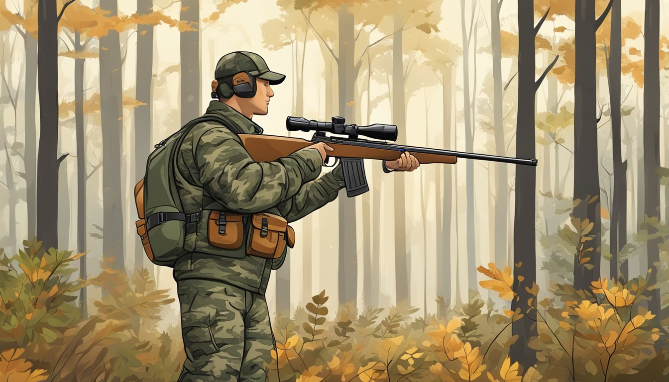 A hunter in camouflage holding a firearm in a forest clearing with a calendar displaying hunting seasons and dates for North Carolina