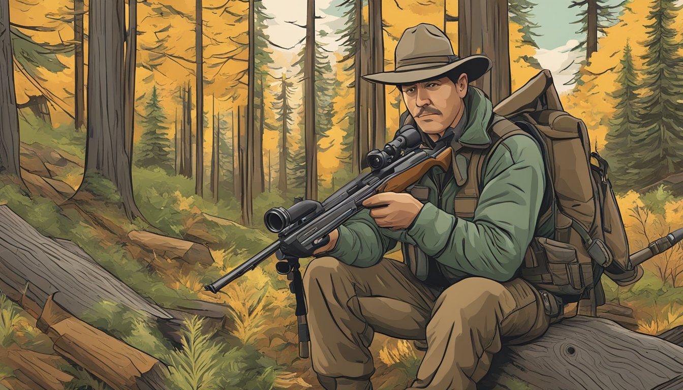 A hunter in Oregon carefully checks firearm regulations before heading into the forest for specific hunting opportunities