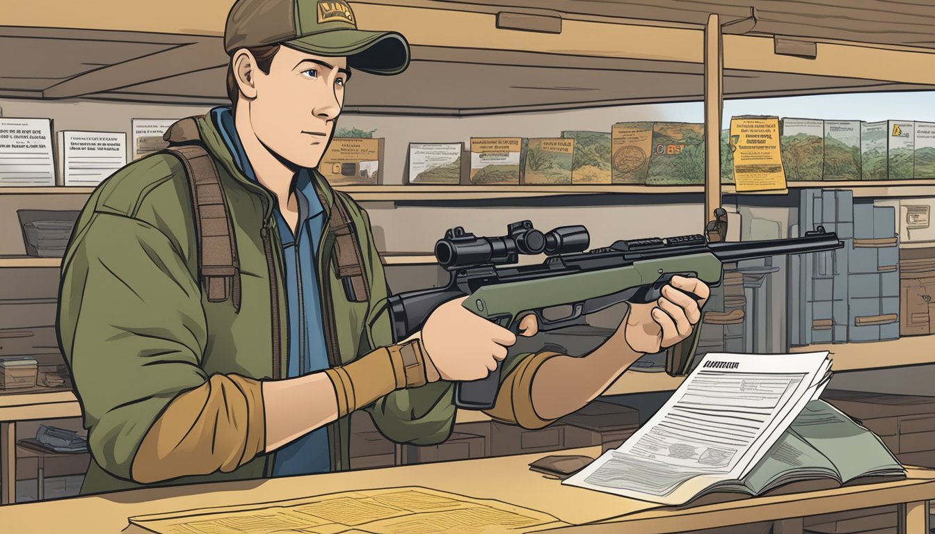 A hunter holding a firearm while checking the Ohio hunting regulations booklet, with warning signs about penalties for non-compliance in the background