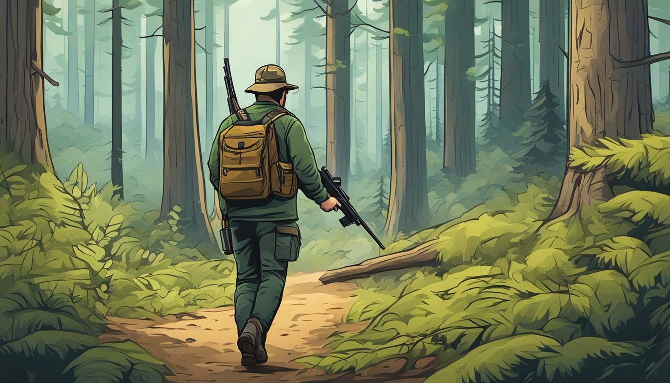 A hunter navigating a forest with a firearm, passing a sign indicating private land boundaries in Oregon