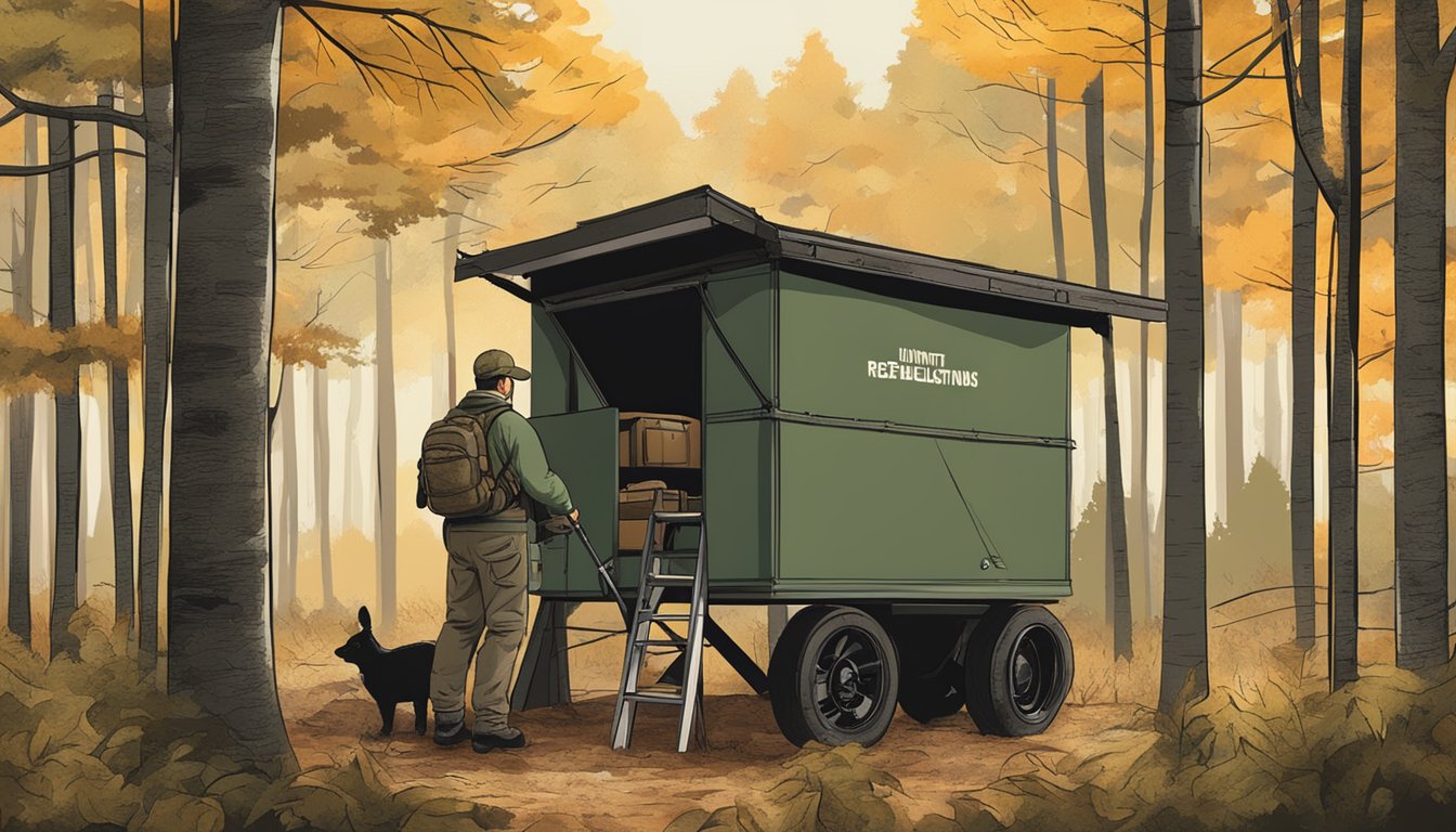 A hunter in North Carolina setting up a hunting blind in a wooded area, with a sign indicating hunting regulations in the background