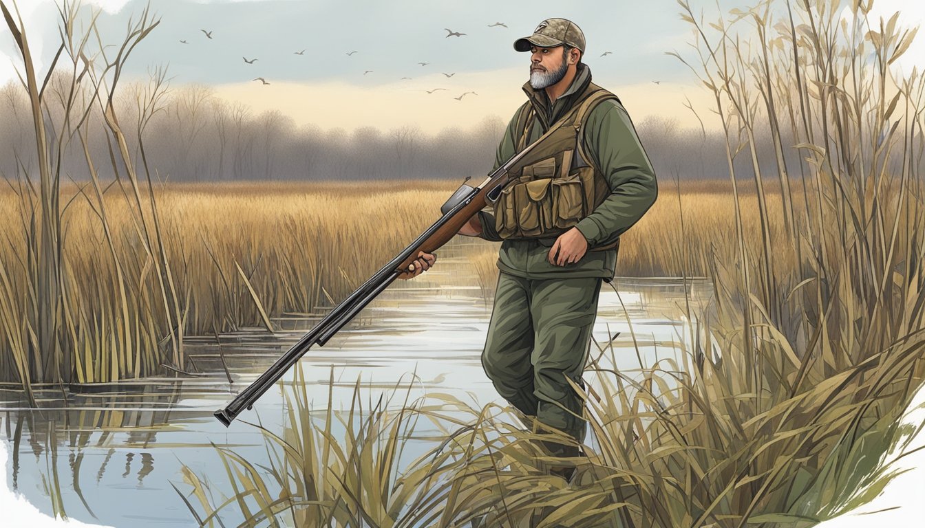 A hunter in Rhode Island uses a shotgun to hunt waterfowl in a marshy wetland area, blending into the dense vegetation for camouflage