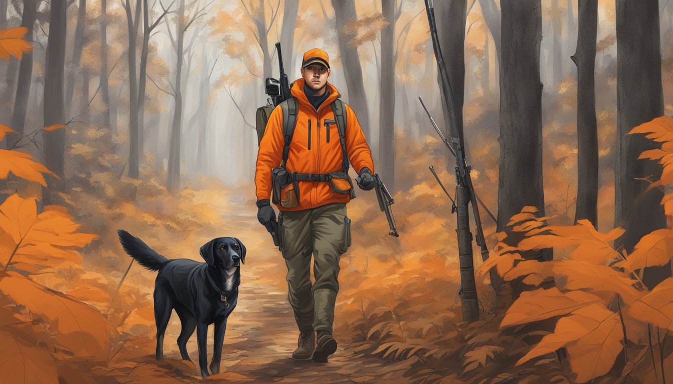 A hunter in Rhode Island follows firearm regulations, wearing orange gear in a wooded area with a rifle and hunting dog