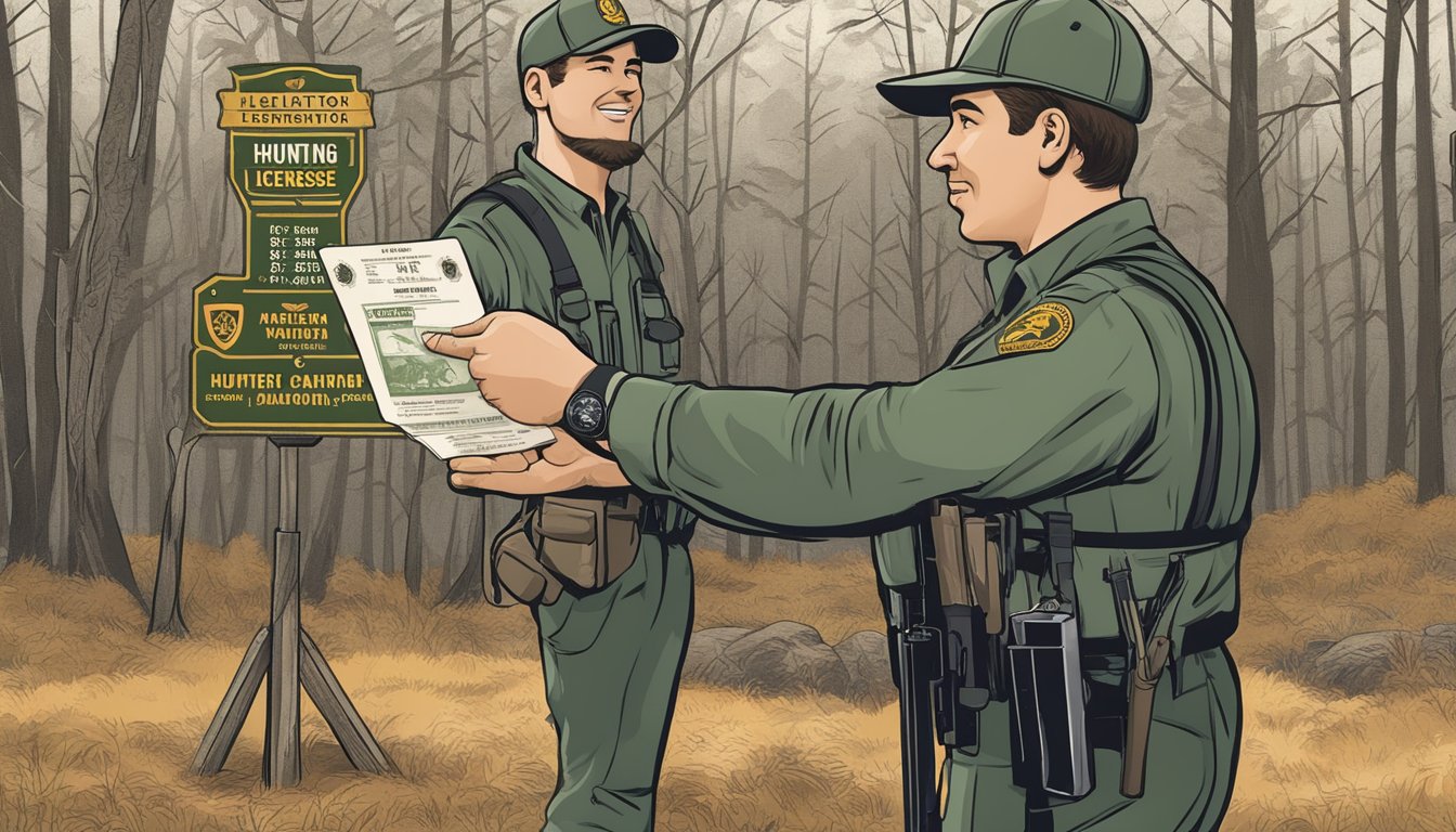 A hunter holding up a valid hunting license and firearm stamp while presenting their identification to a wildlife officer in front of a Rhode Island hunting regulation sign