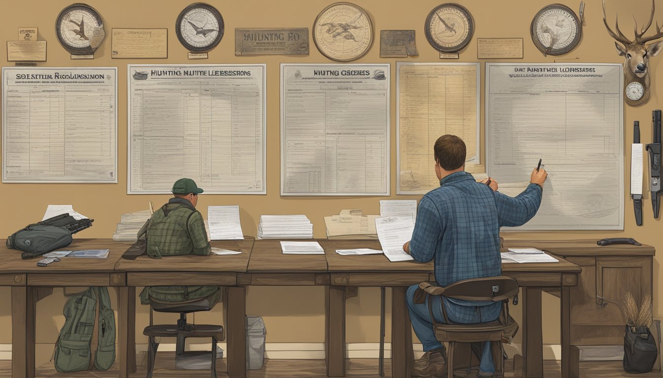 A hunter filling out paperwork for different hunting licenses in South Carolina, with firearms regulations displayed on the wall