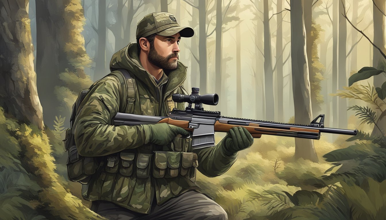 A hunter in camouflage holding a rifle, surrounded by woodland and wildlife