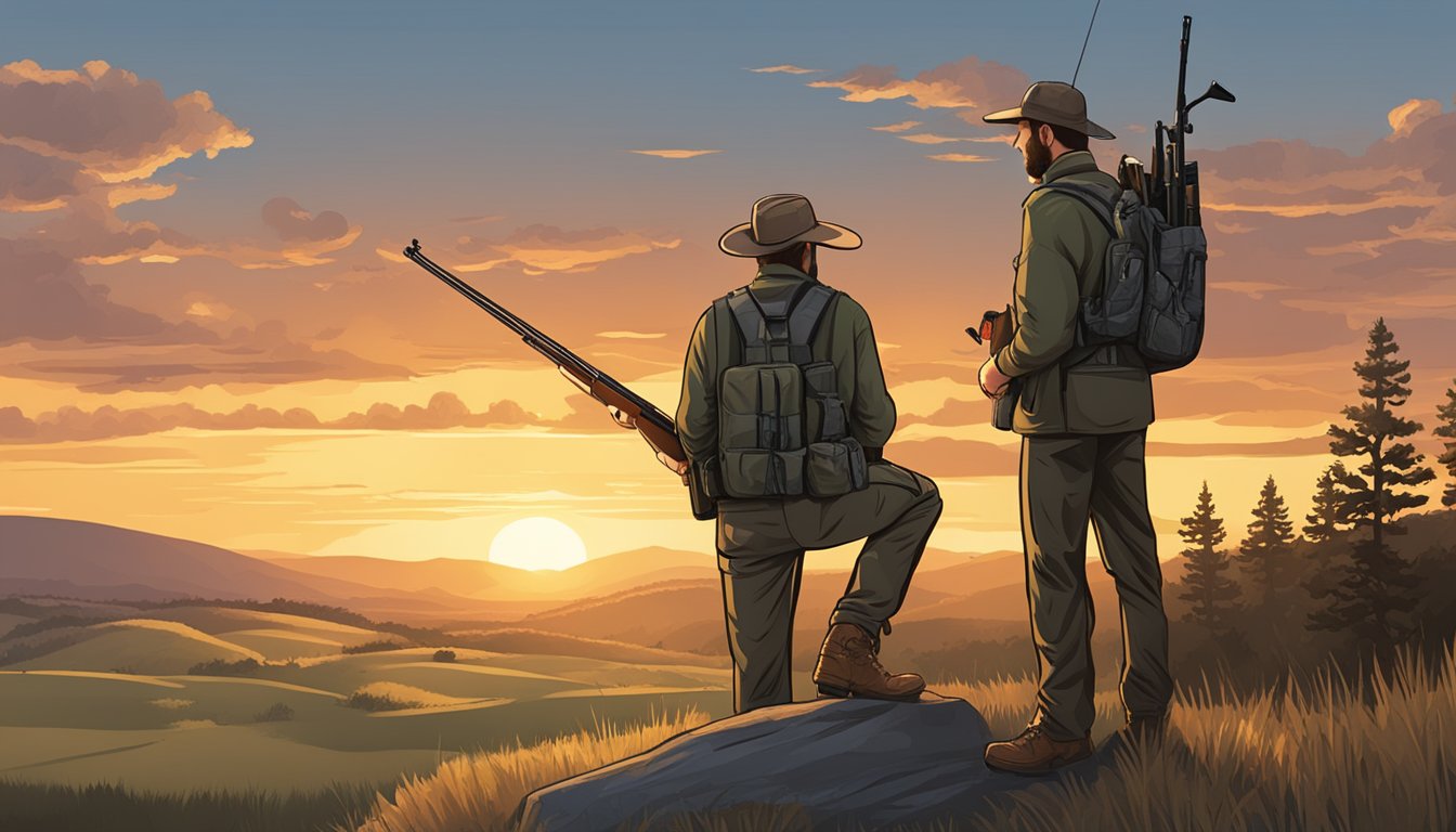 A hunter in Oklahoma checks the regulations booklet while standing next to a firearm and hunting gear. The sun sets behind the rolling hills in the background