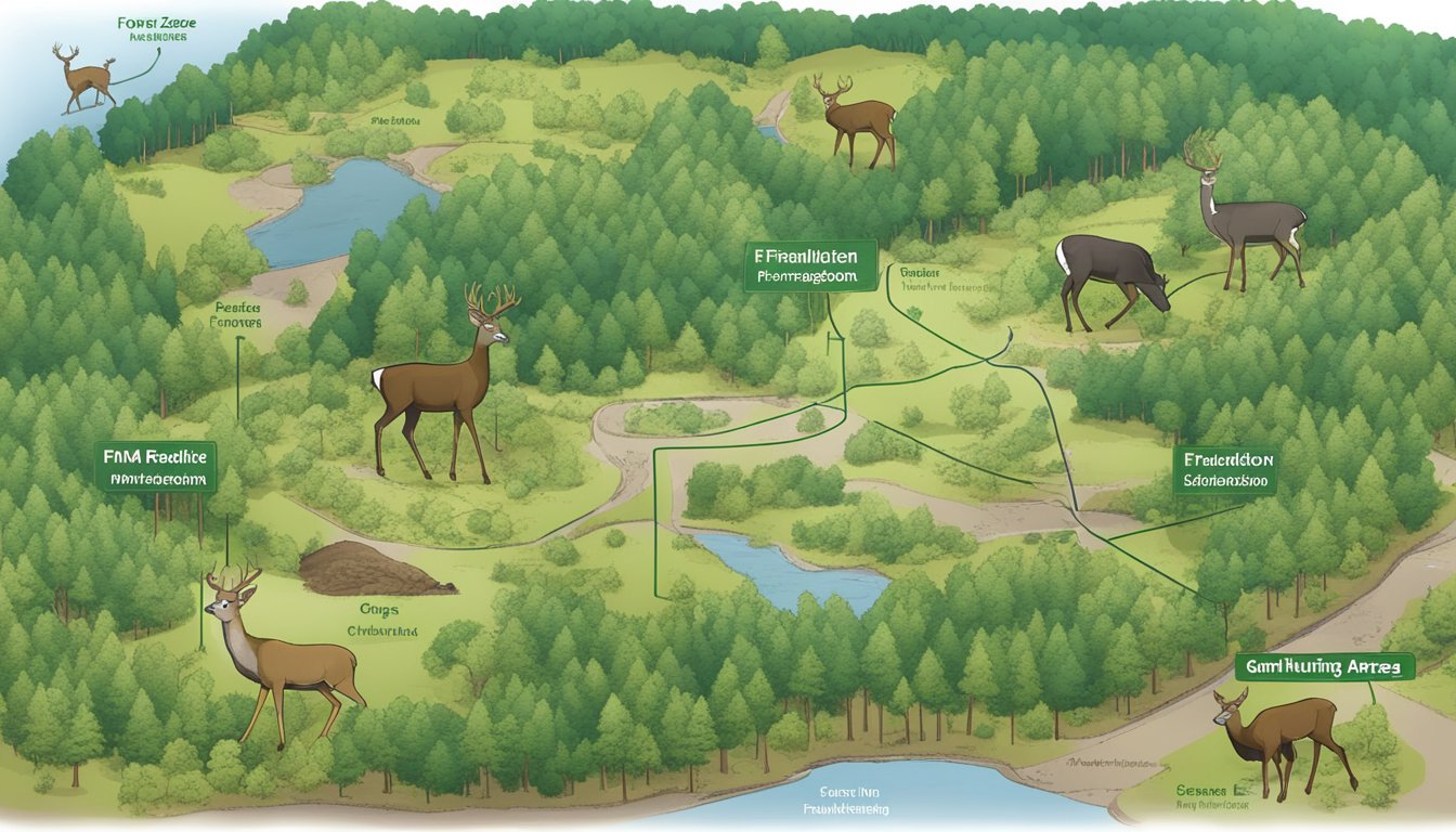 A forested area with deer, turkey, and other wildlife, with signs indicating firearm regulations for hunting in South Carolina's Game Zone Management area