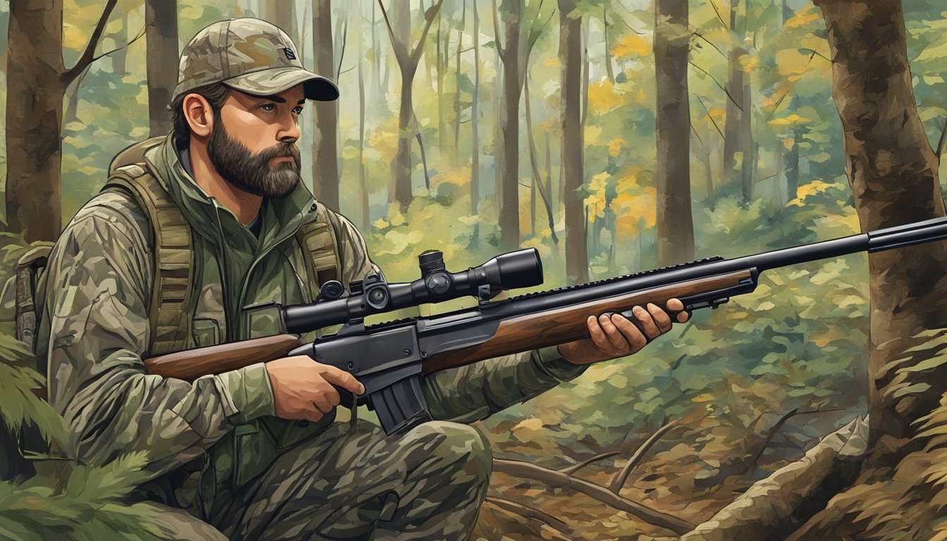 A hunter in camouflage holding a rifle in a dense Tennessee forest