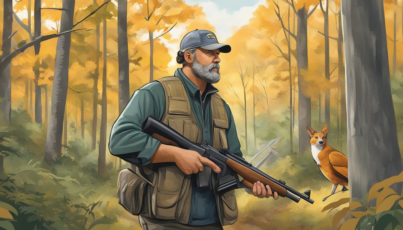 A hunter in Tennessee follows firearm regulations while bird hunting in a wooded area