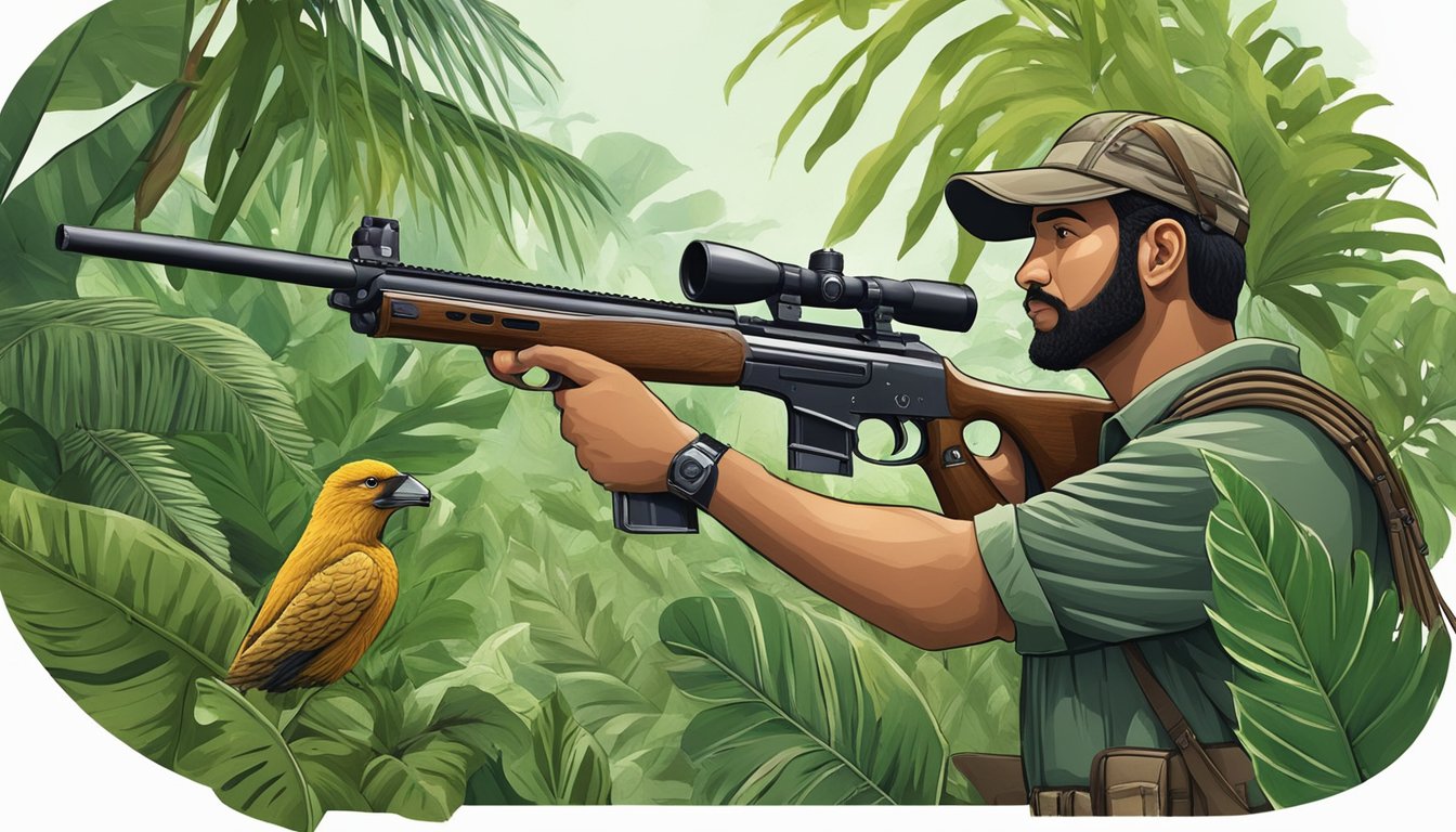 A hunter in Puerto Rico holding a firearm, surrounded by lush tropical vegetation and wildlife