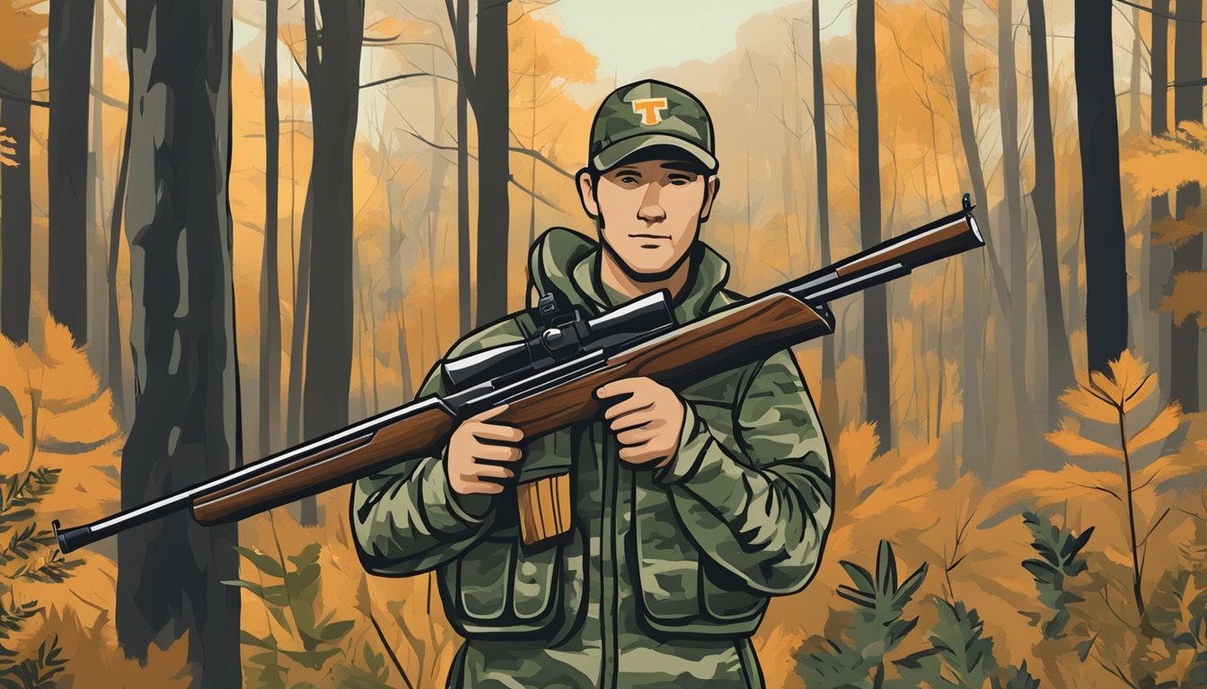 A hunter in camouflage holding a shotgun, surrounded by dense forest and wildlife, with a sign indicating Tennessee Wildlife Management Area regulations