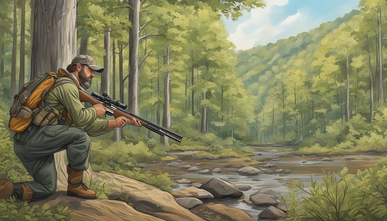 A hunter in Tennessee follows firearm regulations while practicing ethical hunting techniques in a wooded area