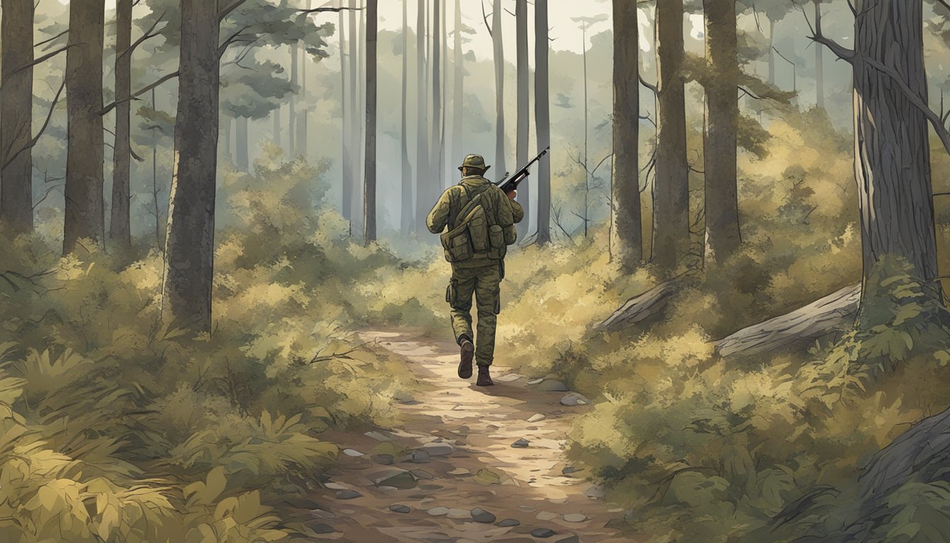 A hunter in camouflage with a firearm walks through a wooded area on public lands in South Carolina, following hunting regulations