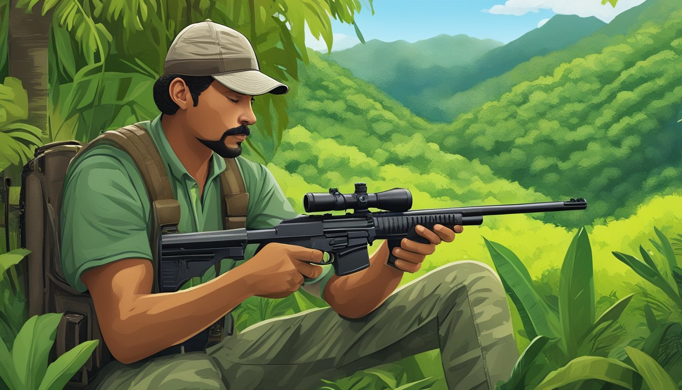 A hunter in Puerto Rico holding a hunting license and reading through firearm regulations. The hunter is surrounded by lush green vegetation and the sound of wildlife in the background