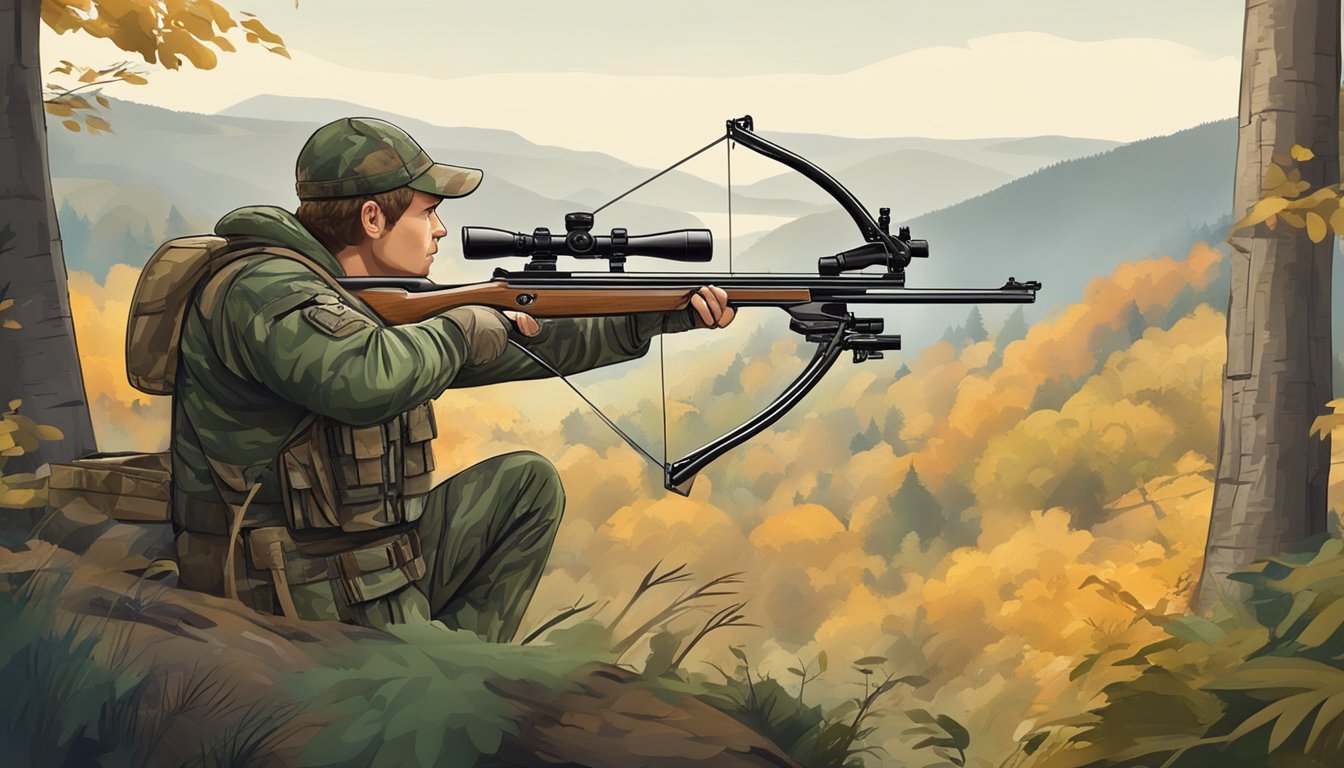 A hunter in camouflage with a crossbow in a wooded area, aiming at a target with a clear view of the surrounding landscape