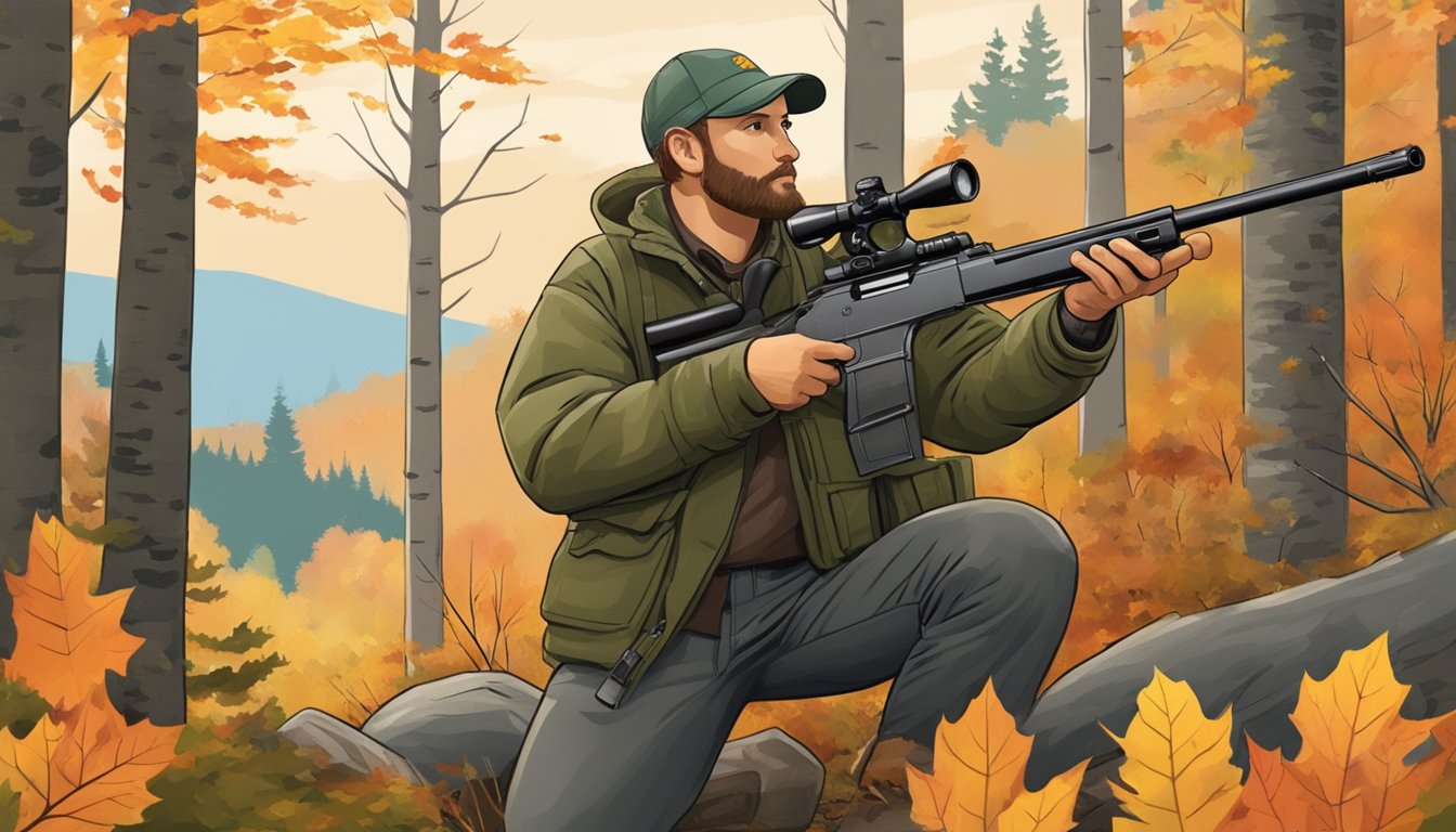 A hunter in Vermont's forest, surrounded by autumn foliage, holds a firearm in compliance with state hunting regulations