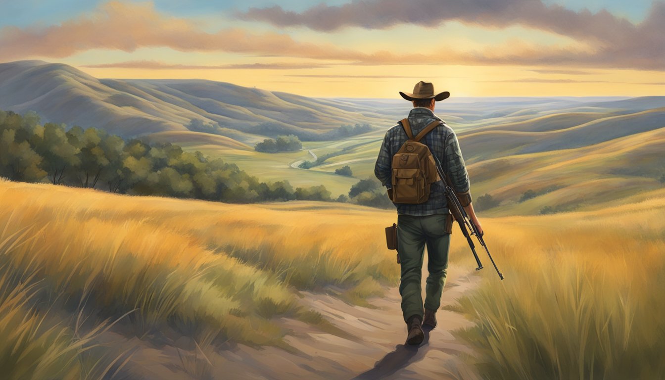 A hunter in South Dakota follows regulations, carrying a firearm and wearing appropriate gear. The landscape includes rolling hills, grasslands, and scattered trees