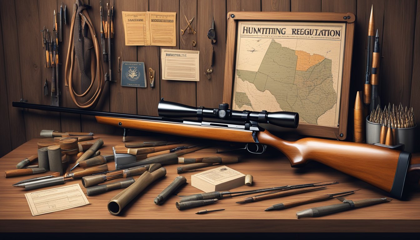 A hunting rifle and bow are displayed on a wooden table, surrounded by various ammunition and arrows. A sign with Texas hunting regulations is posted nearby