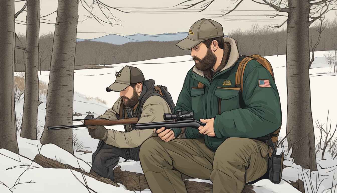 A hunter in Vermont checking firearm regulations with a game management officer