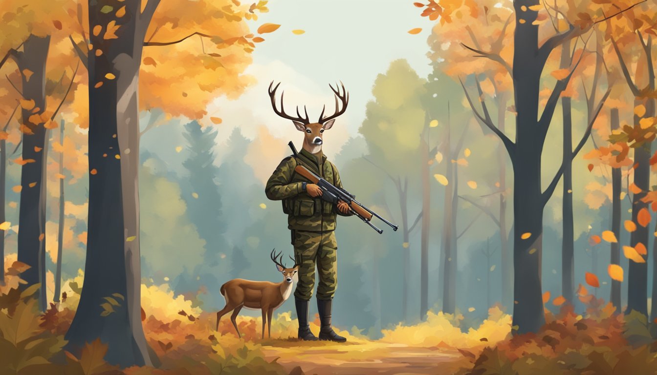 A deer stands in a forest clearing, surrounded by autumn foliage. A hunter in camouflage aims a rifle from a distance