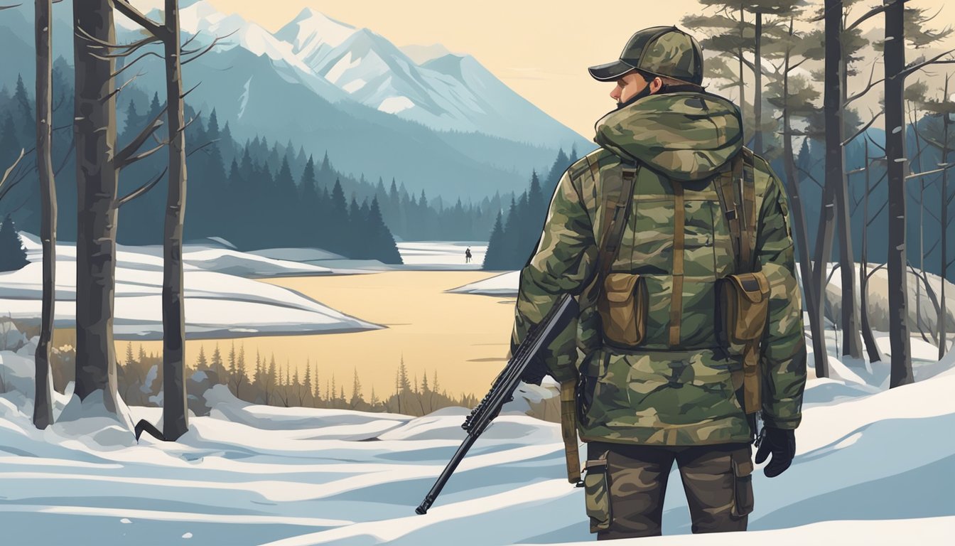 A hunter in camouflage stands in a snowy field, rifle in hand, with a forest and mountains in the background