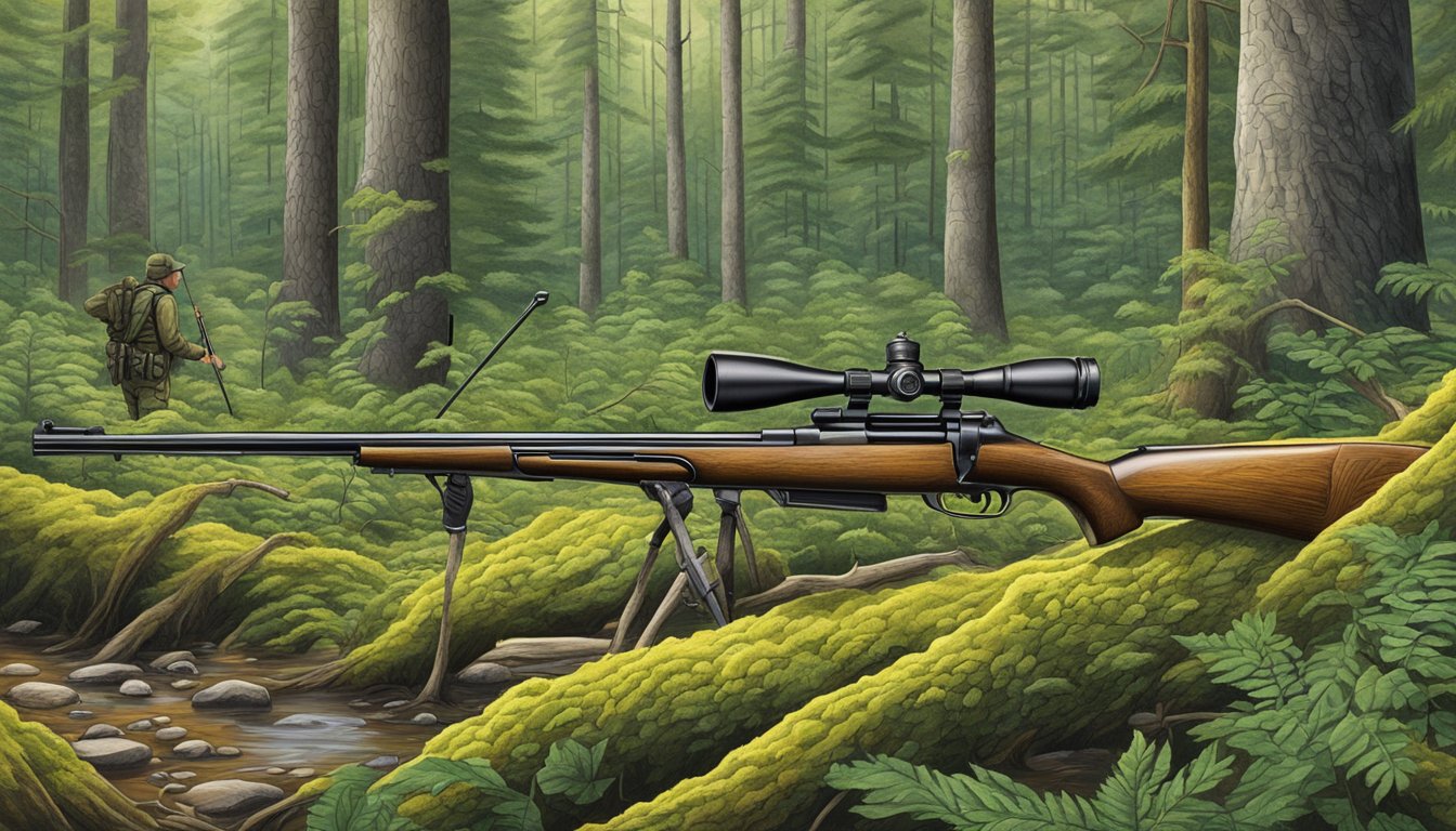 A forest clearing with a rifle, hunting gear, and wildlife in Vermont