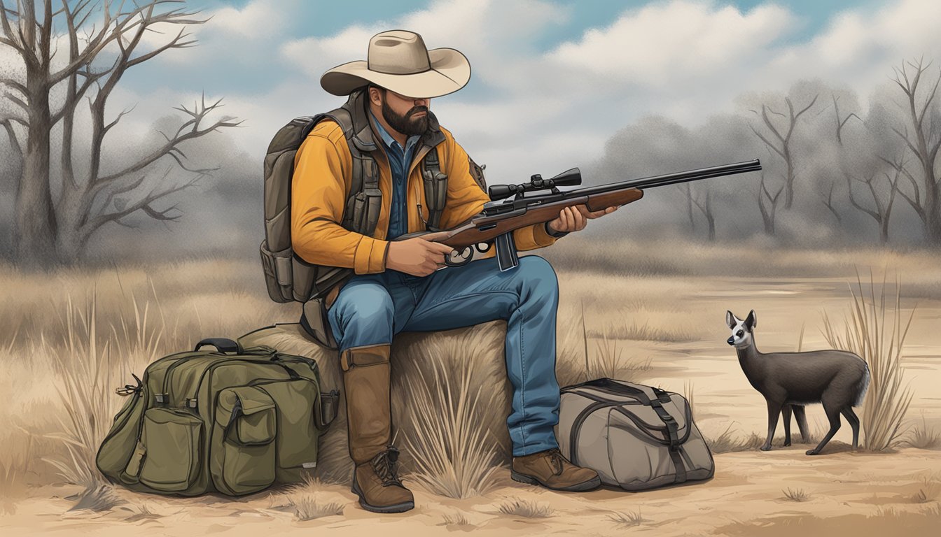 A hunter holding a filled bag next to a permit and firearm in a Texas hunting area