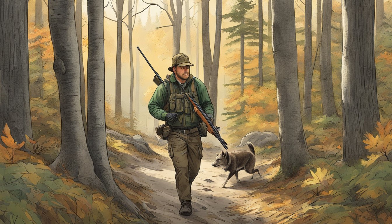 A hunter in Vermont follows firearm regulations while tracking game in the woods