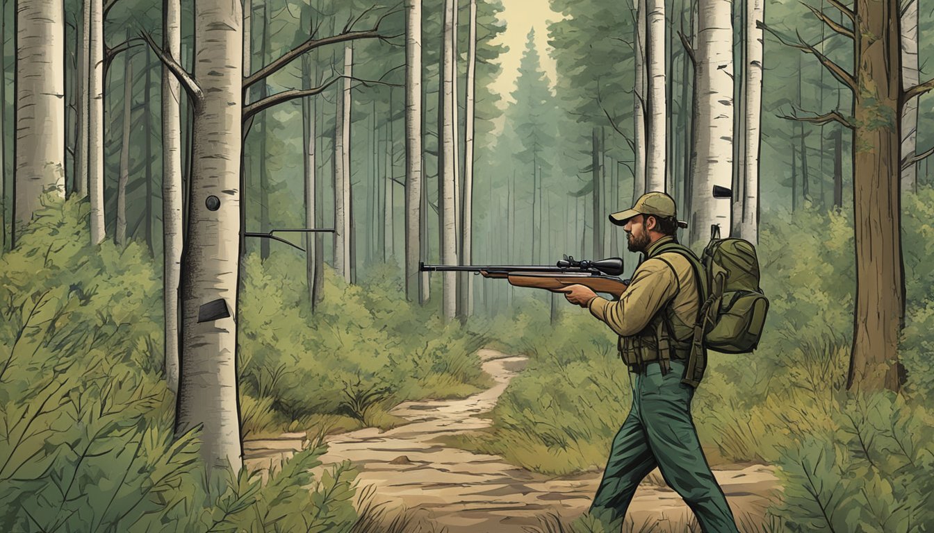 A hunter in South Dakota, rifle in hand, navigating through a forest with specific hunting regulations posted on the trees