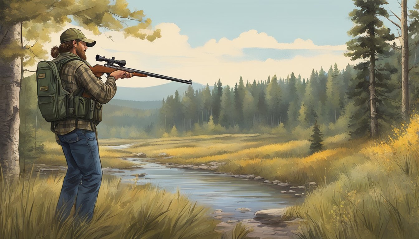 A hunter in South Dakota follows regulations while carrying a firearm in a forested area