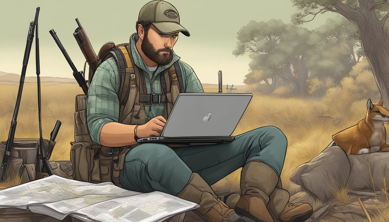 A hunter in Texas checking firearm regulations on a laptop surrounded by hunting gear and a map of hunting grounds