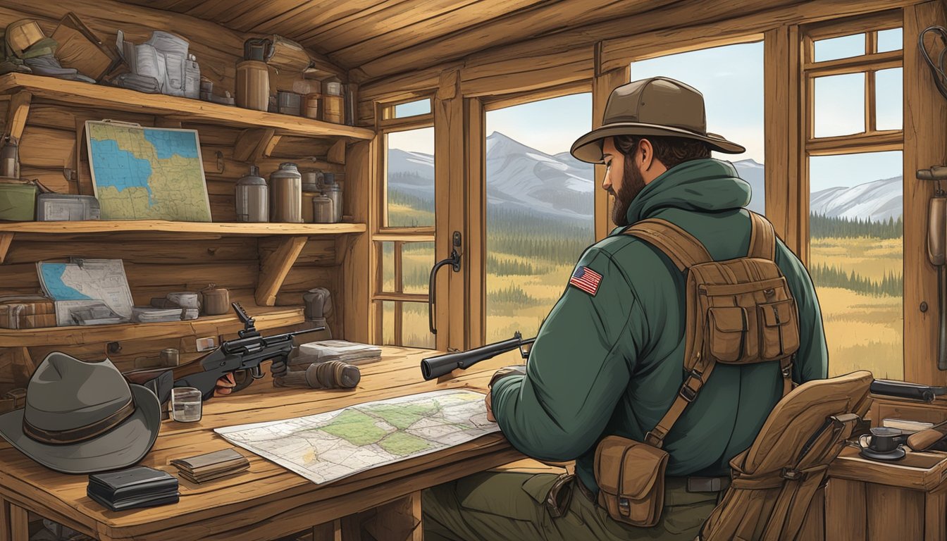 A hunter in South Dakota checking firearm regulations in a rustic cabin surrounded by hunting gear and maps