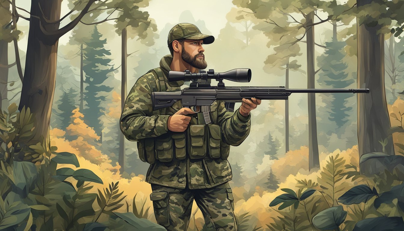 A hunter in camouflage holding a rifle, surrounded by forest and wildlife