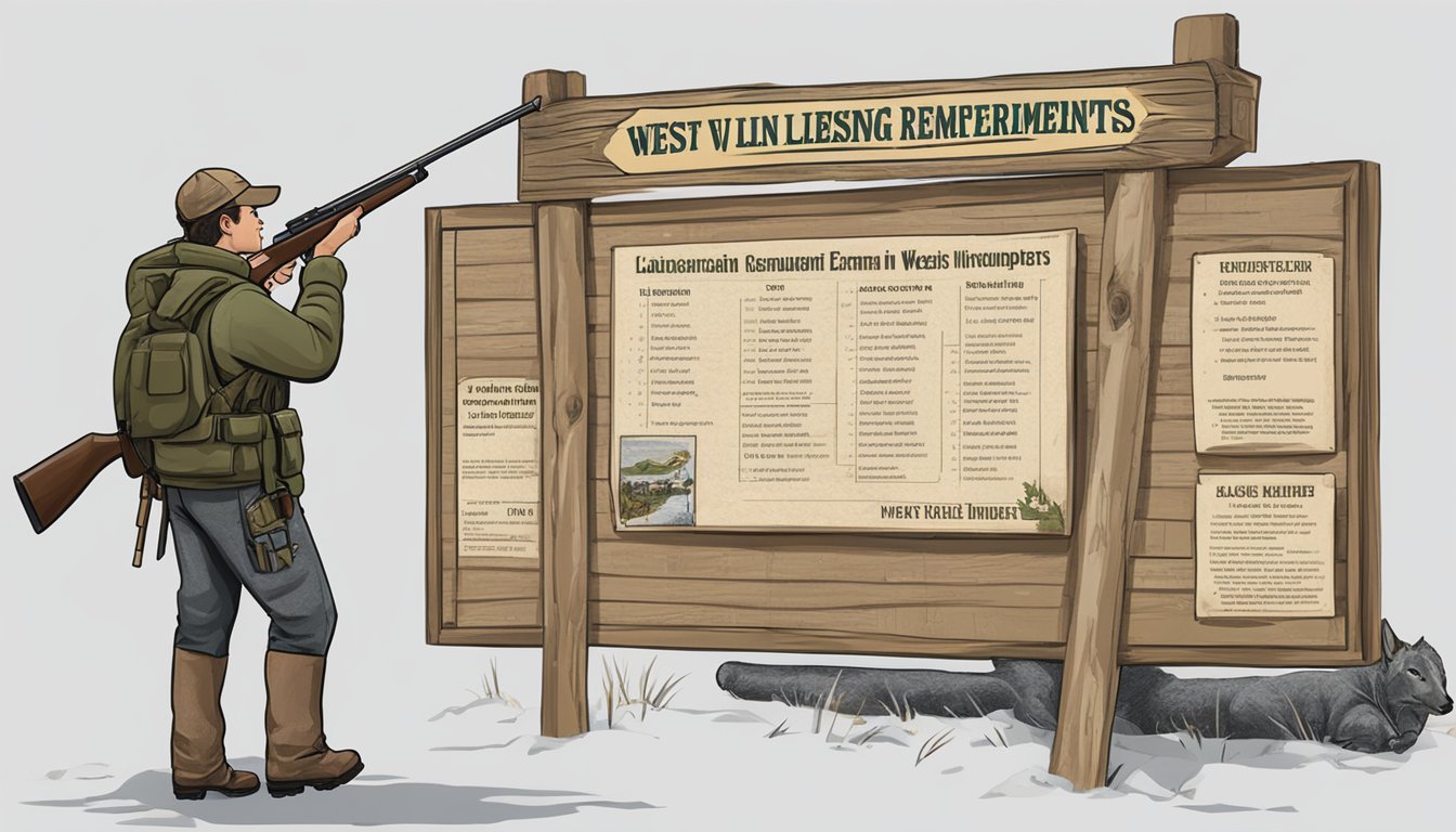 A hunter holding a firearm while standing in front of a sign displaying the licensing requirements for hunting in West Virginia