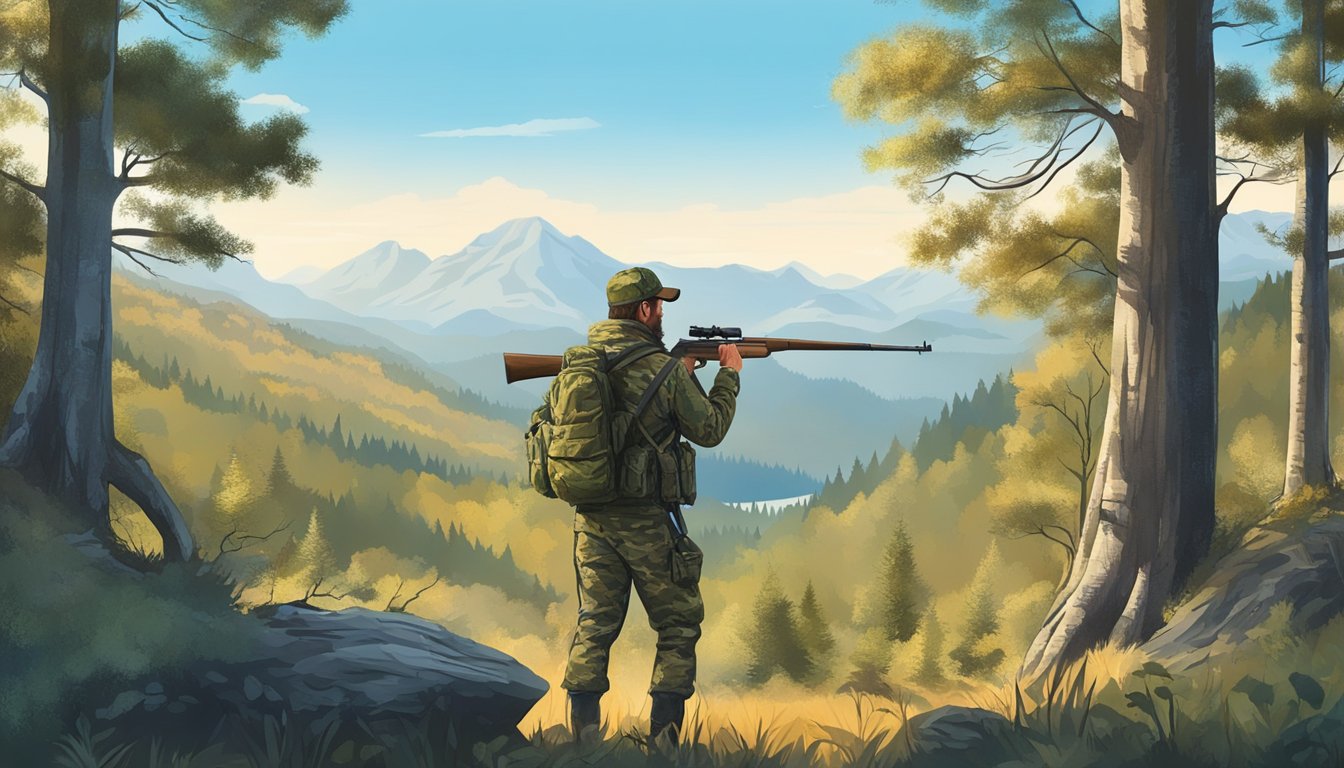 A hunter in camouflage standing in a forest clearing, rifle at the ready, with a backdrop of mountains and a clear blue sky